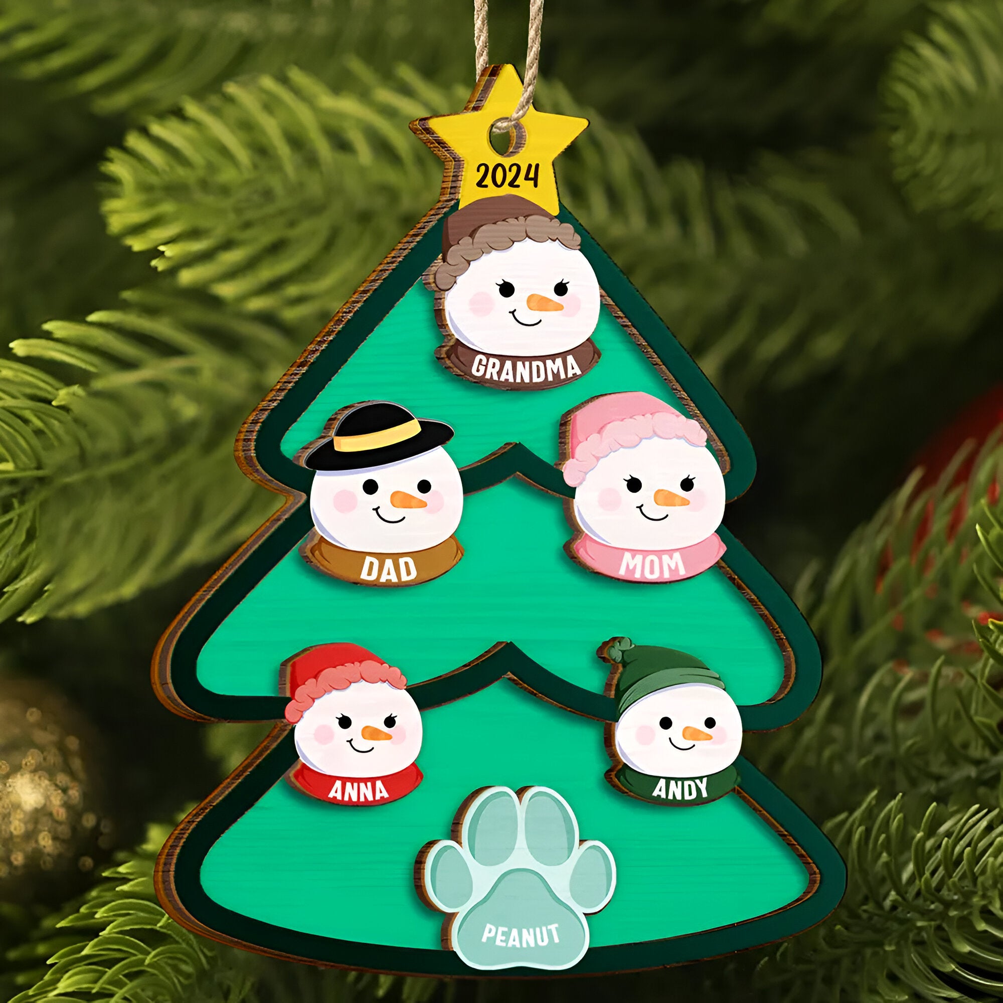 Christmas Tree Snowman Family - Personalized 2-Layered Wooden Ornament ORN02101