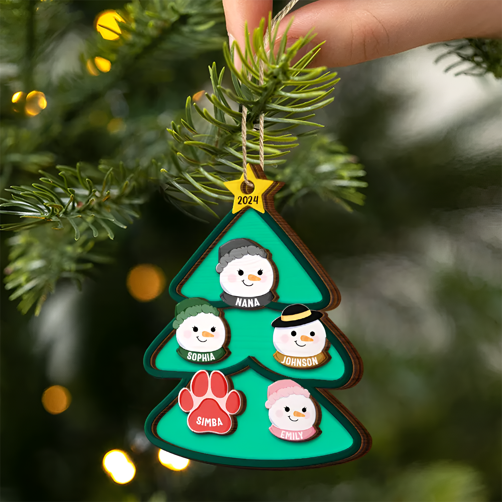 Christmas Tree Snowman Family - Personalized 2-Layered Wooden Ornament ORN02101