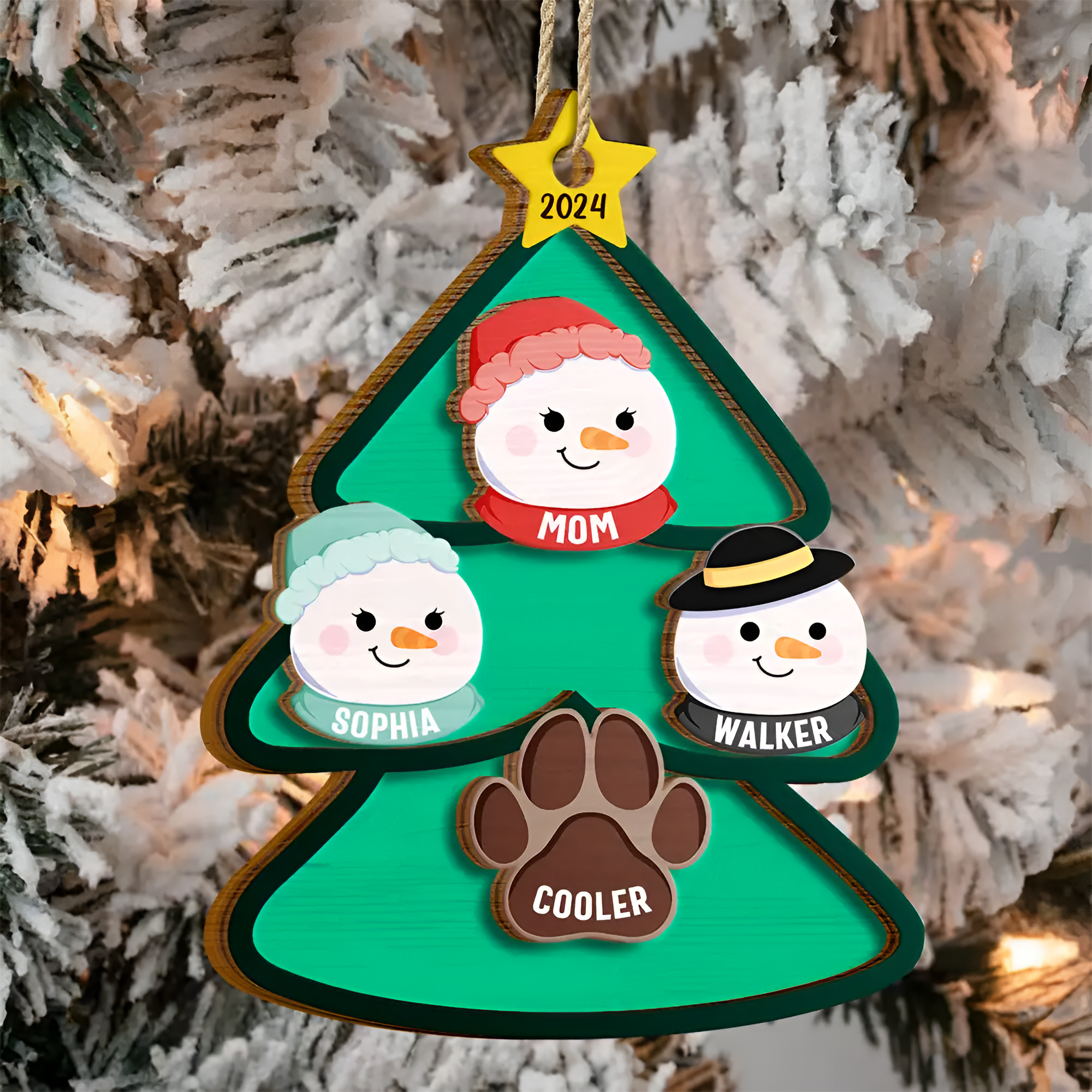 Christmas Tree Snowman Family - Personalized 2-Layered Wooden Ornament ORN02101