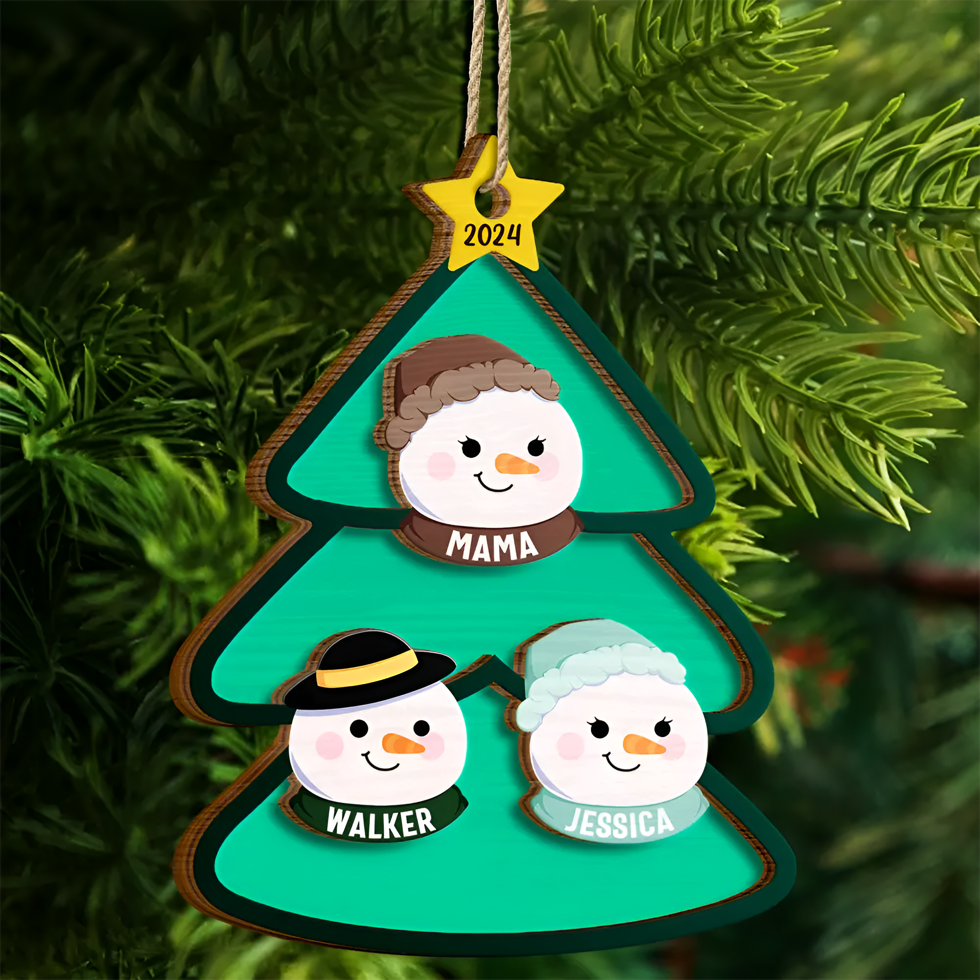 Christmas Tree Snowman Family - Personalized 2-Layered Wooden Ornament ORN02101