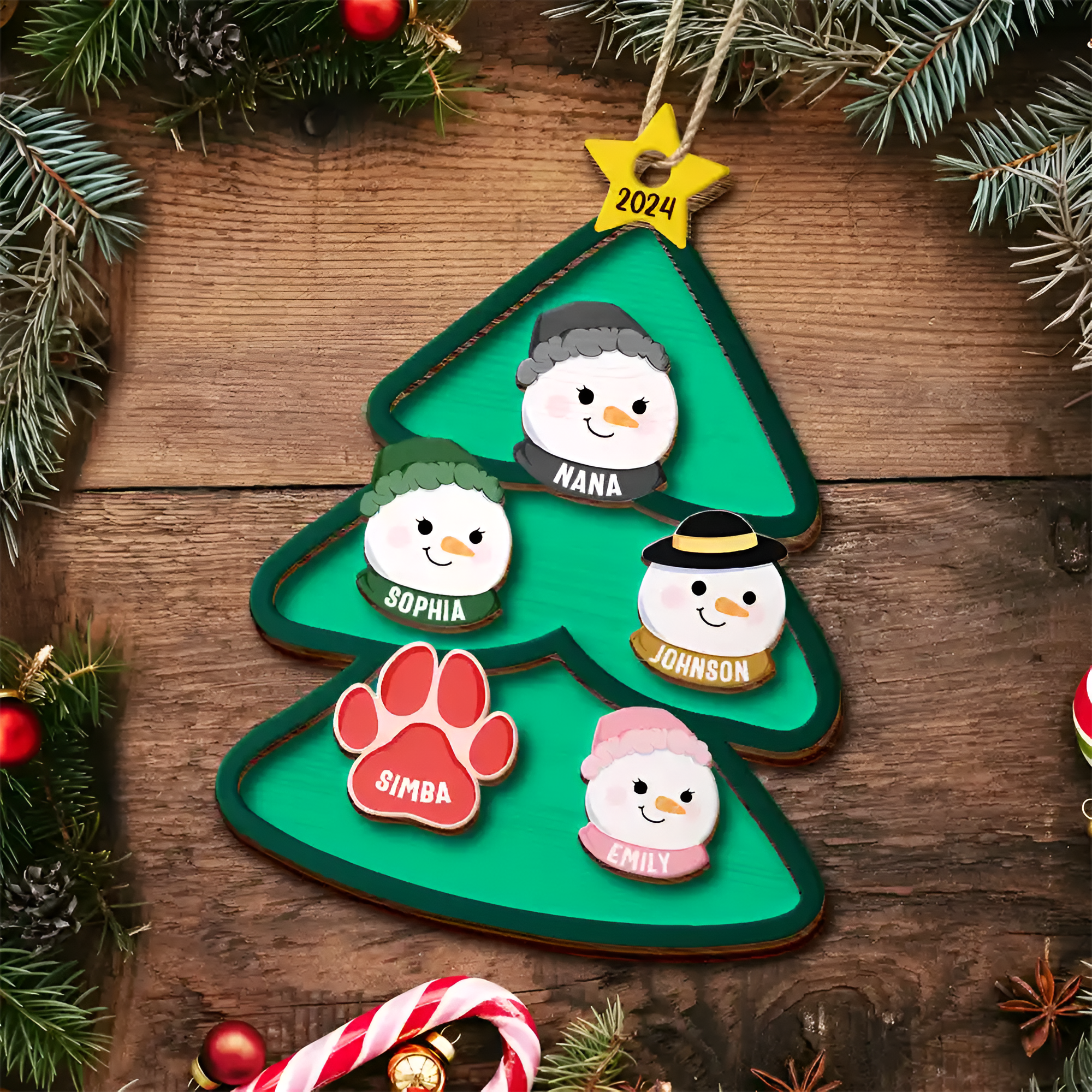 Christmas Tree Snowman Family - Personalized 2-Layered Wooden Ornament ORN02101