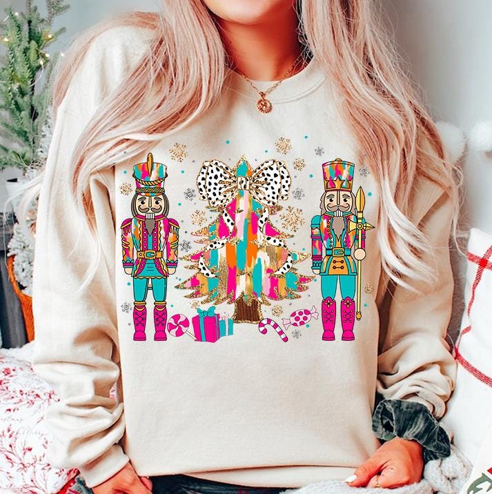 Colorful Coquette Glitter Christmas Tree Nutcrackers Png, Girly Christmas Png, Bright Color Christmas Coquette Bow Dalmatian, brushstroke SCU