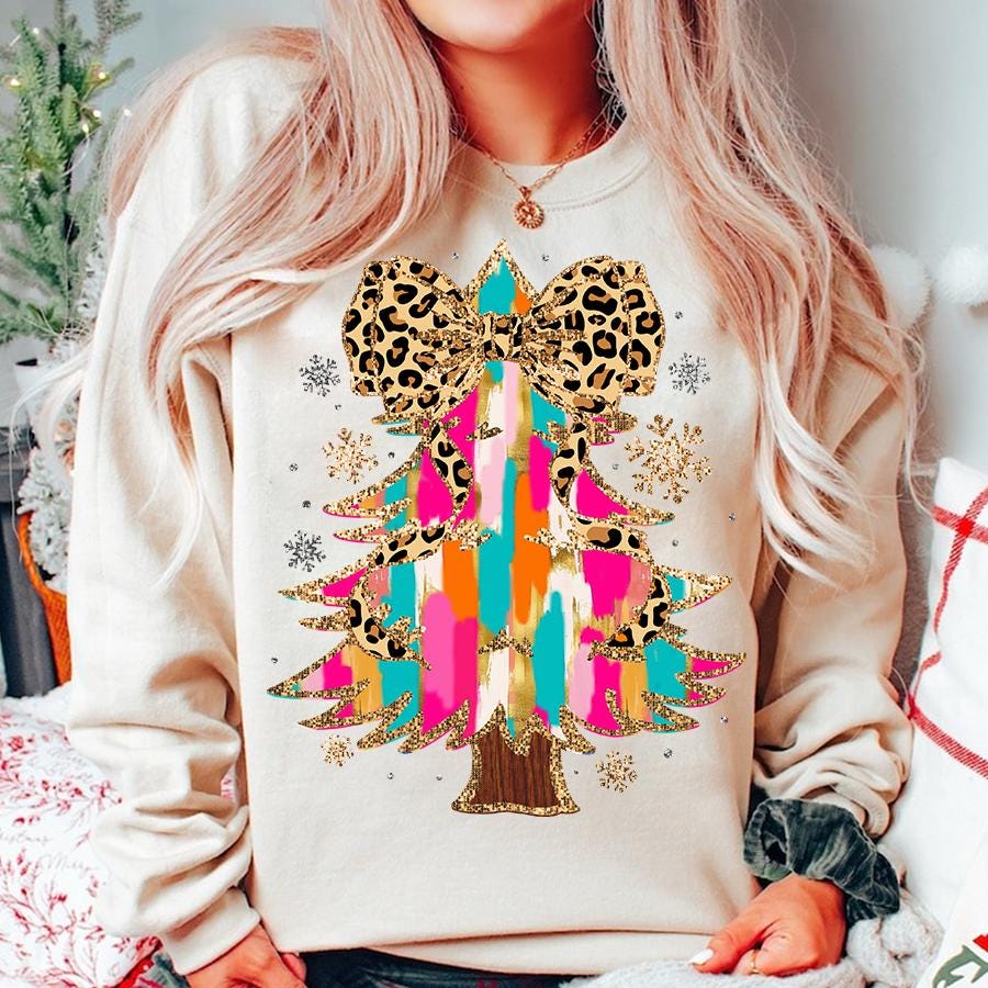 Colorful Coquette Glitter Christmas Tree Png, Girly Christmas Tree , Bright Color Christmas Coquette Bow Leopard Print, brushstroke SCU