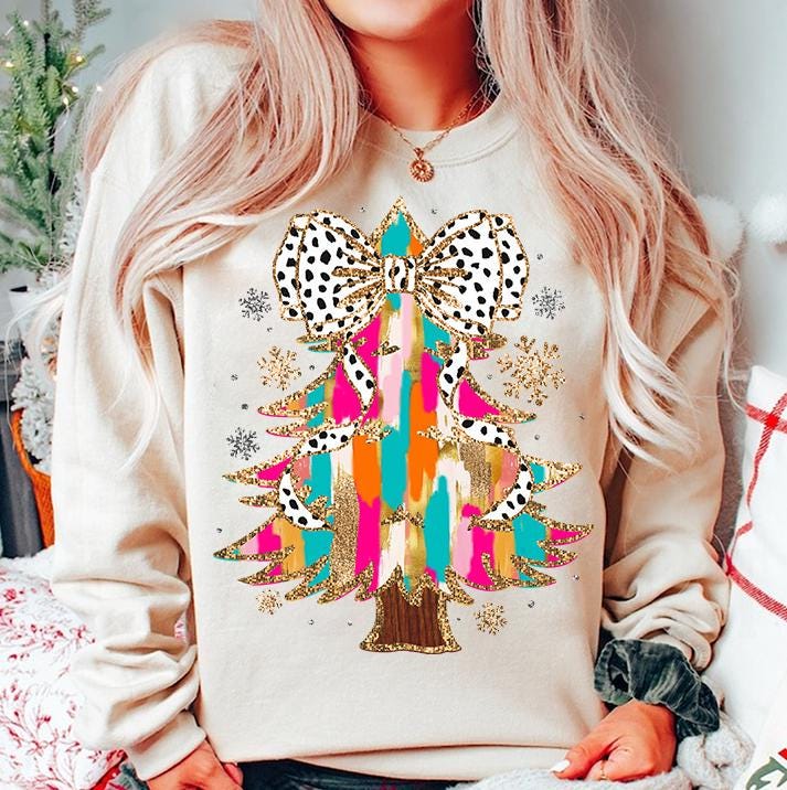 Colorful Coquette Glitter Christmas Tree Png, Girly Christmas Tree Design, Bright Color Christmas Coquette Bow Dalmantian Dots, brushstroke 1 SCU