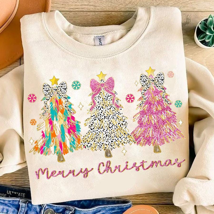 Colorful Coquette Glitter Christmas Tree Png, Girly Christmas Tree Design, Bright Color Merry Christmas Coquette Bow Dalmatian, brushstroke 3 SCU