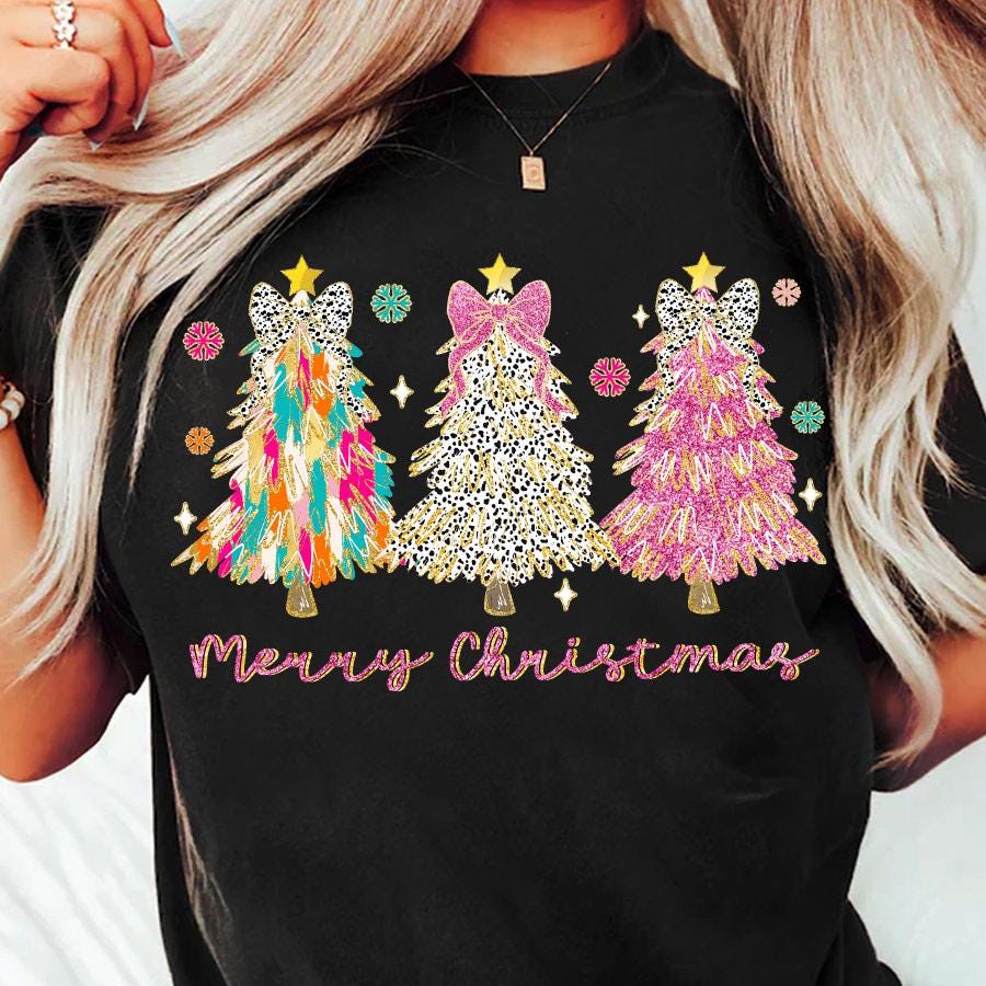 Colorful Coquette Glitter Christmas Tree Png, Girly Christmas Tree Design, Bright Color Merry Christmas Coquette Bow Dalmatian, brushstroke 3 SCU