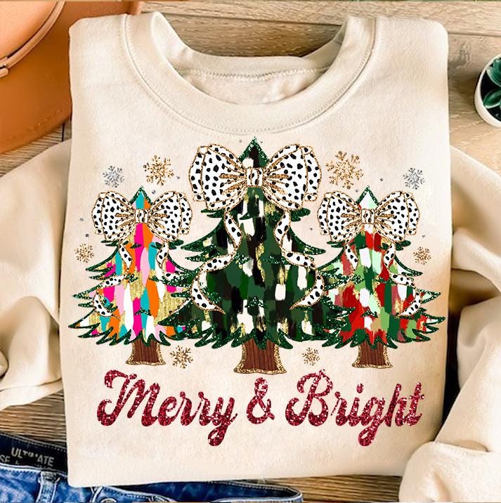 Colorful Coquette Glitter Christmas Tree Png, Merry and Bright Christmas Tree Png, Christmas Coquette Bow Dalmantian Dots Png, brushstroke SCU