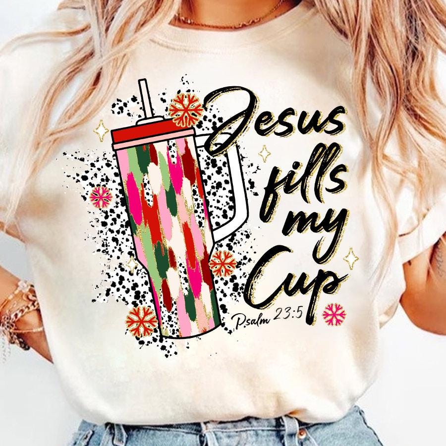 Colorful Coquette Glitter Jesus Cross Png, Jesus fills my cup, Bright Color Christmas Coquette Bow Dalmatian, Christian Xmas brushstroke SCU