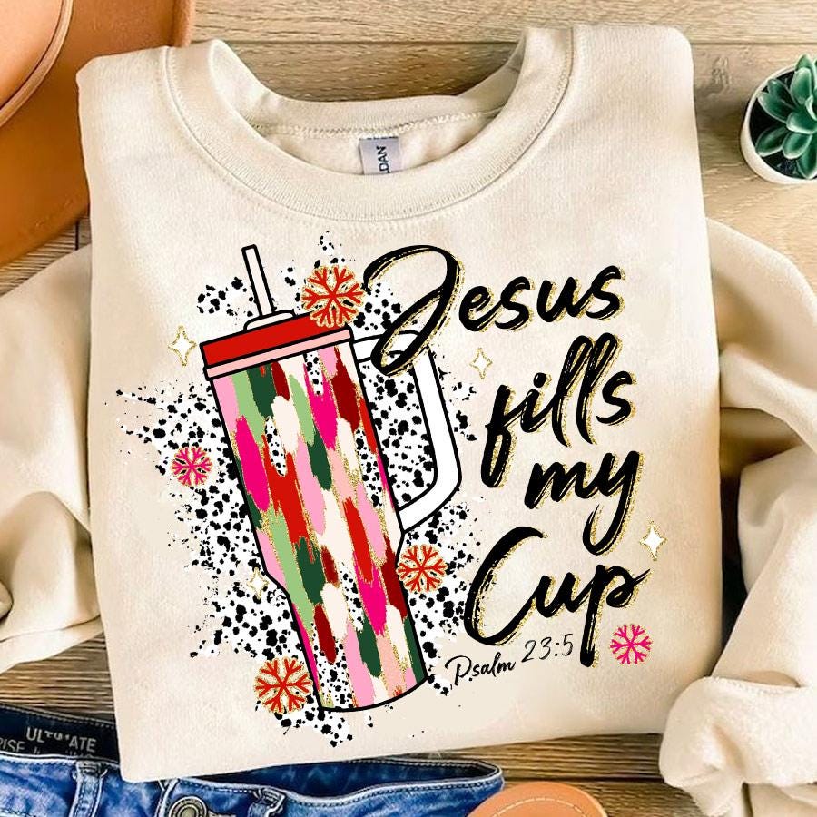 Colorful Coquette Glitter Jesus Cross Png, Jesus fills my cup, Bright Color Christmas Coquette Bow Dalmatian, Christian Xmas brushstroke SCU