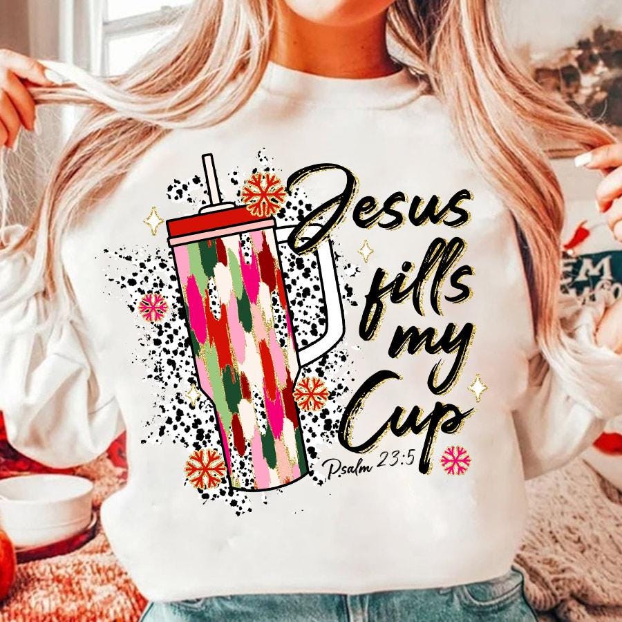 Colorful Coquette Glitter Jesus Cross Png, Jesus fills my cup, Bright Color Christmas Coquette Bow Dalmatian, Christian Xmas brushstroke SCU