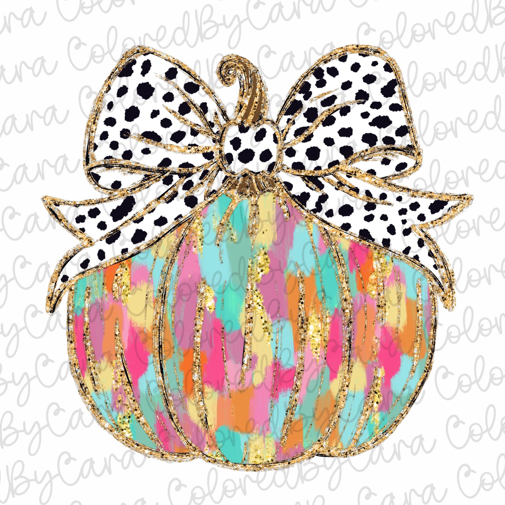 Colorful Coquette gold glitter pumpkin png girls fall pumpkin design dtf Halloween girls fall png kids fall design bow acrylic brushstroke 2 SCU