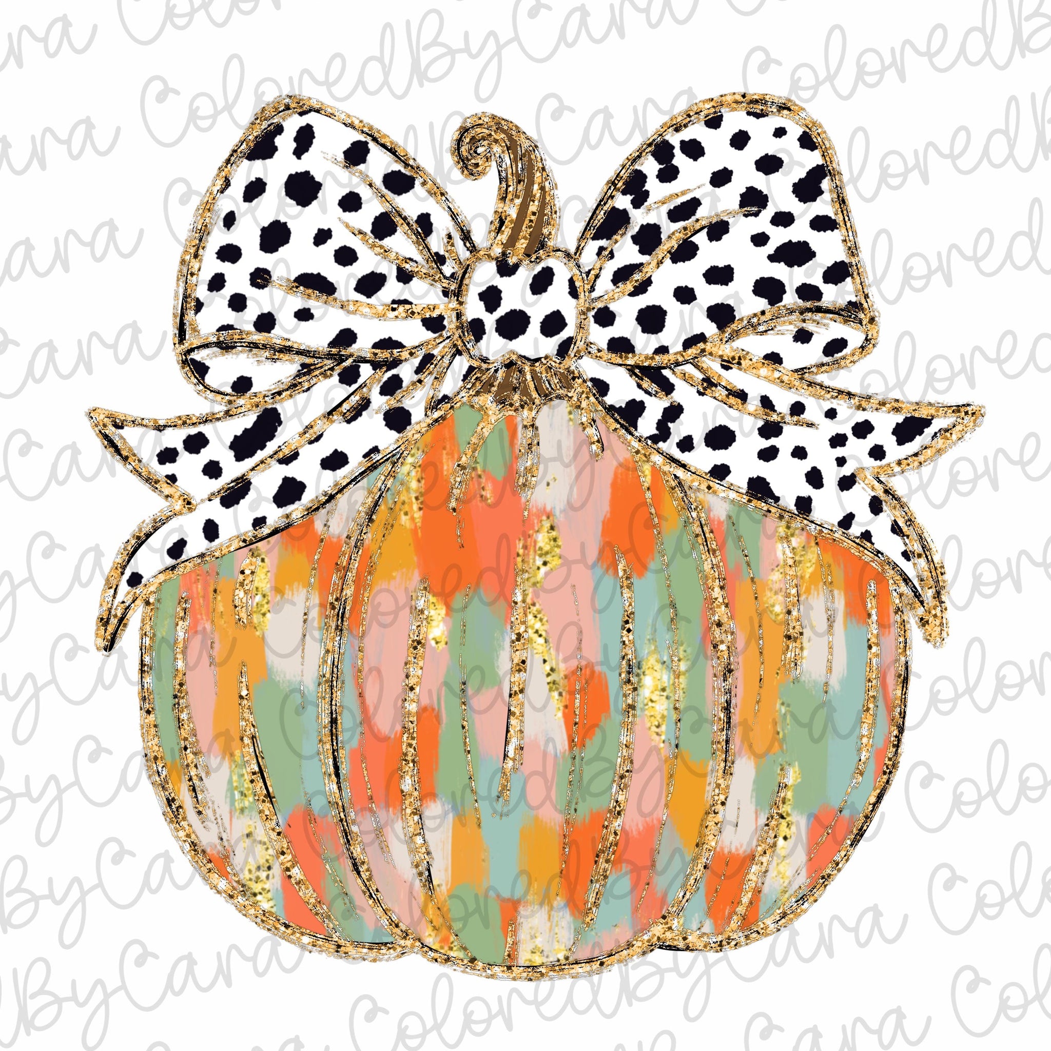 Colorful Coquette gold glitter pumpkin png girls fall pumpkin design dtf Halloween girls fall png kids fall design bow acrylic brushstroke 3 SCU