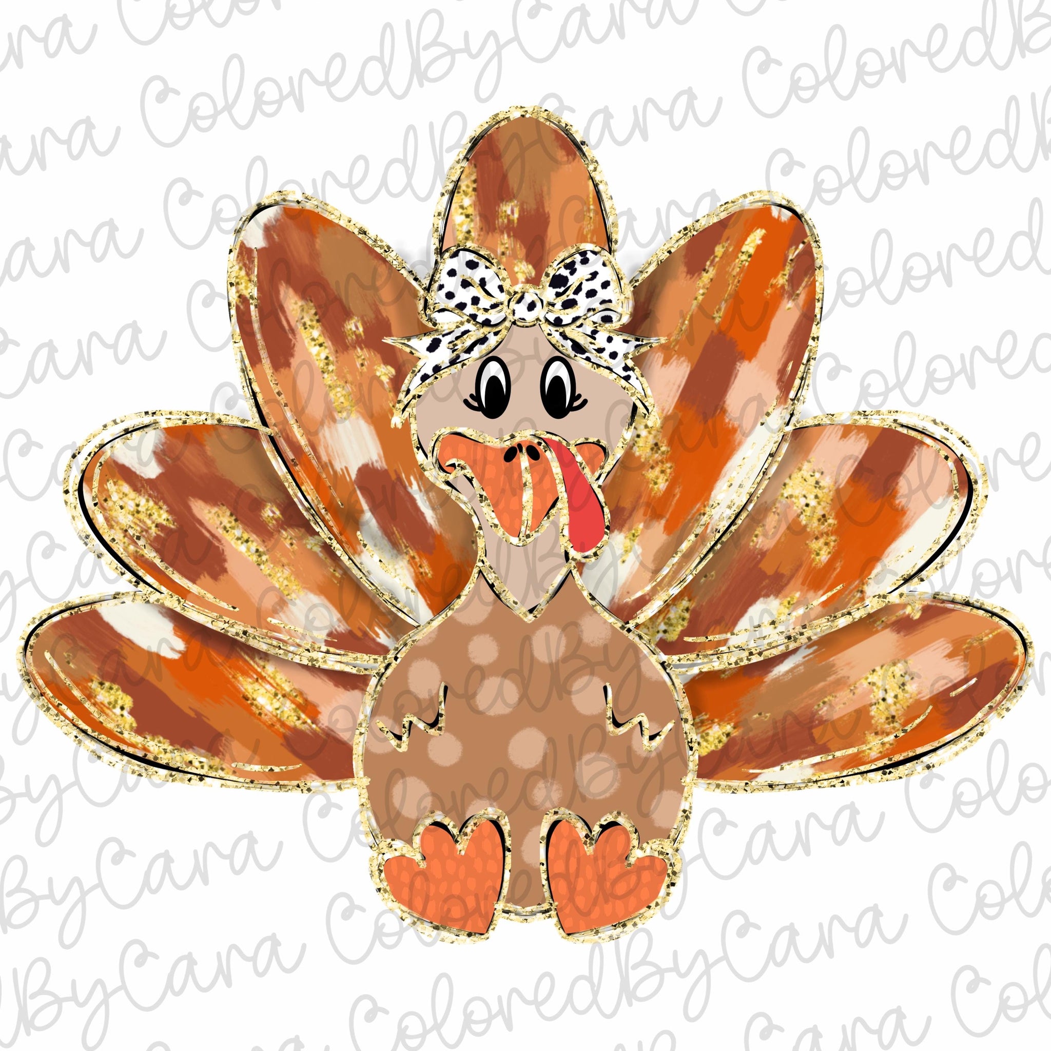 Colorful Coquette gold glitter turkey png girls fall turkey design dtf Halloween girls fall png kids fall design bow acrylic brushstroke 1 SCU