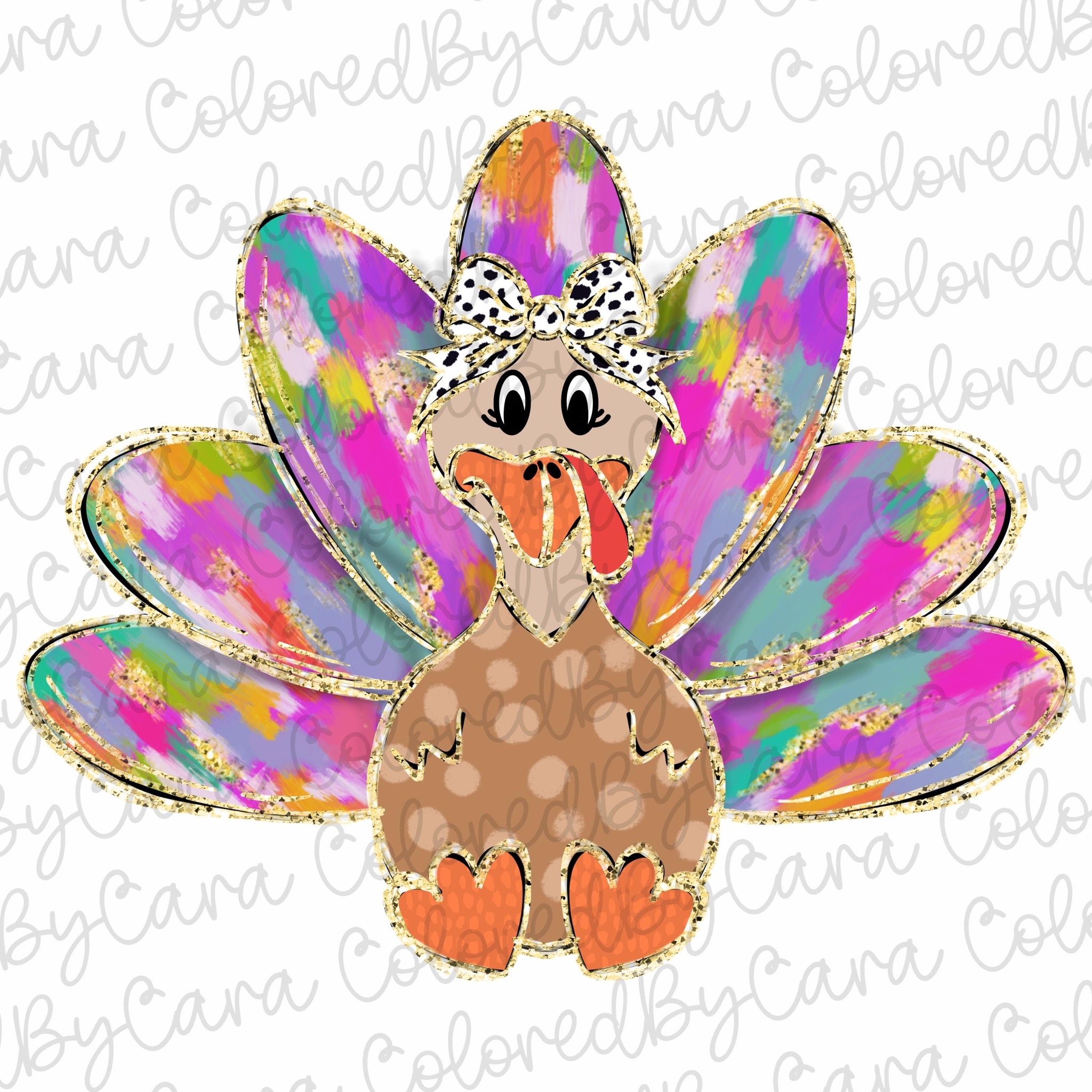 Colorful Coquette gold glitter turkey png girls fall turkey design dtf Halloween girls fall png kids fall design bow acrylic brushstroke SCU