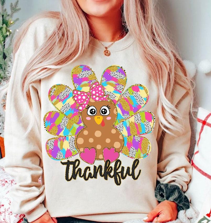 Colorful Coquette Turkey Png, Glitter Turkey Thanksgiving Png, Thankful Png, Dalmatian Dots Bow Fall Png, Hand Drawn, brushstroke SCU