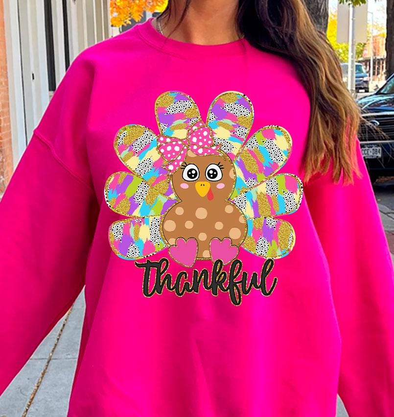 Colorful Coquette Turkey Png, Glitter Turkey Thanksgiving Png, Thankful Png, Dalmatian Dots Bow Fall Png, Hand Drawn, brushstroke SCU