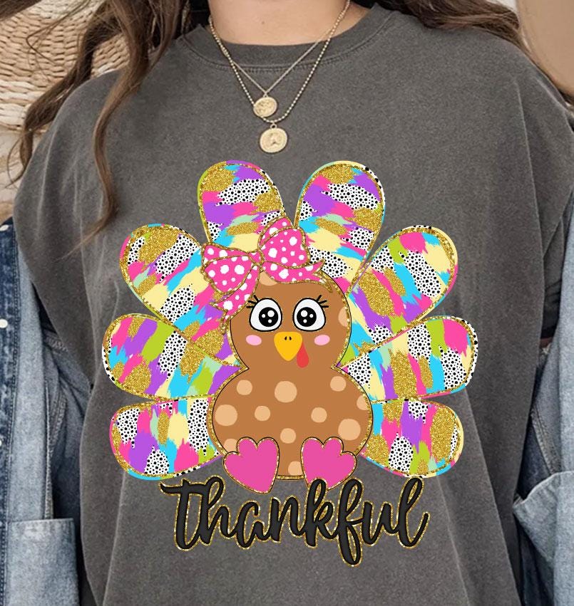 Colorful Coquette Turkey Png, Glitter Turkey Thanksgiving Png, Thankful Png, Dalmatian Dots Bow Fall Png, Hand Drawn, brushstroke SCU