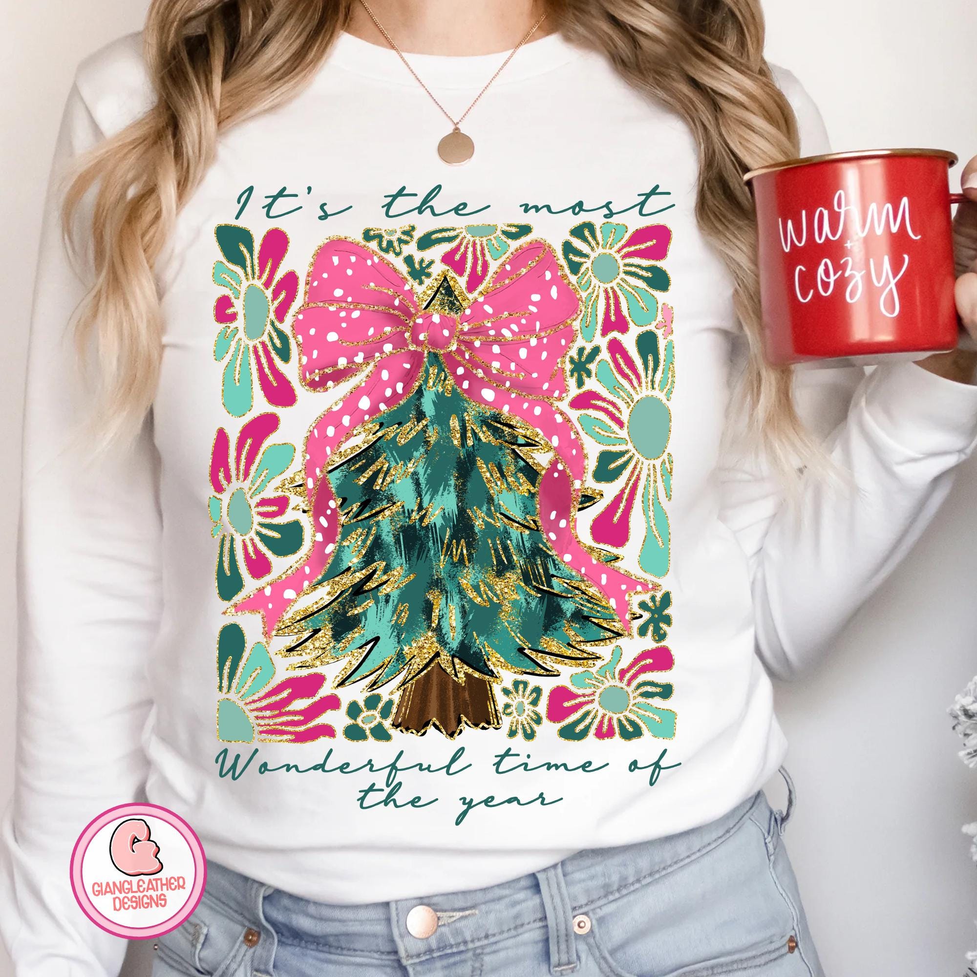 Colorful glitter coquette christmas tree png, pink brushstroke christmas png, it's the most wonderful png, christmas png, tis the sesson png SCU