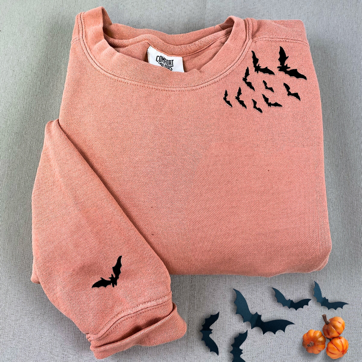 Comfort Color? Embroidered Bats on Neckline Halloween T-Shirt or Sweatshirt EMHA2608