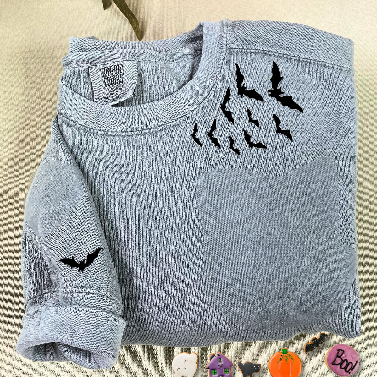 Comfort Color? Embroidered Bats on Neckline Halloween T-Shirt or Sweatshirt EMHA2608