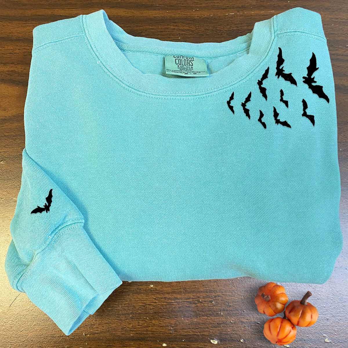 Comfort Color? Embroidered Bats on Neckline Halloween T-Shirt or Sweatshirt EMHA2608