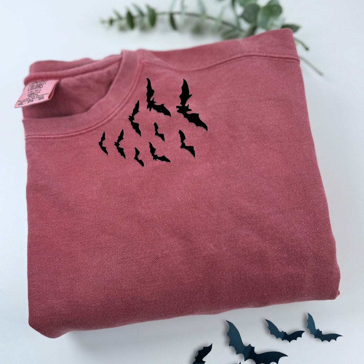 Comfort Color? Embroidered Bats on Neckline Halloween T-Shirt or Sweatshirt EMHA2608