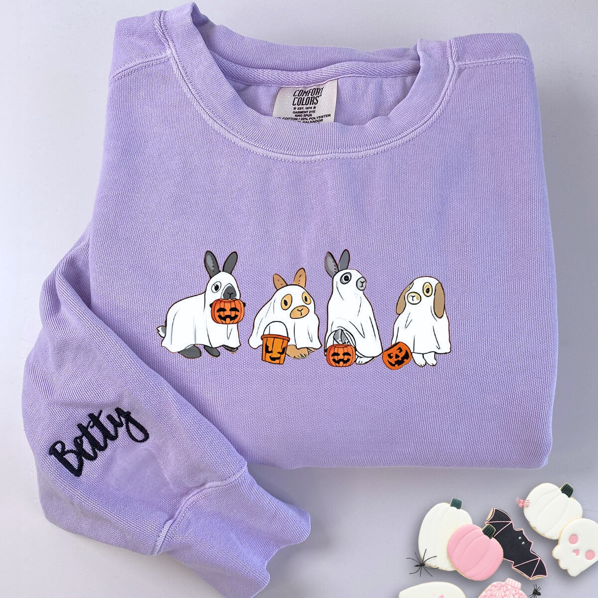 Comfort Color? Embroidered Cute Rabbit Ghost Halloween T-Shirt or Sweatshirt EMHA2608