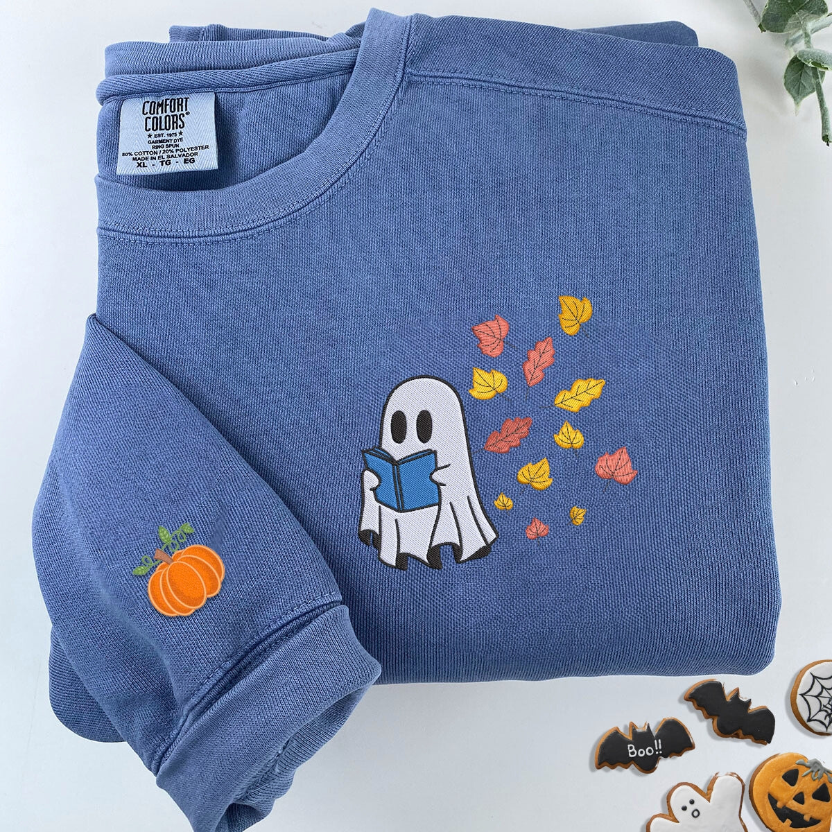 Comfort Color? Embroidered Halloween Ghost Book Lover T-Shirt or Sweatshirt EMHA2608