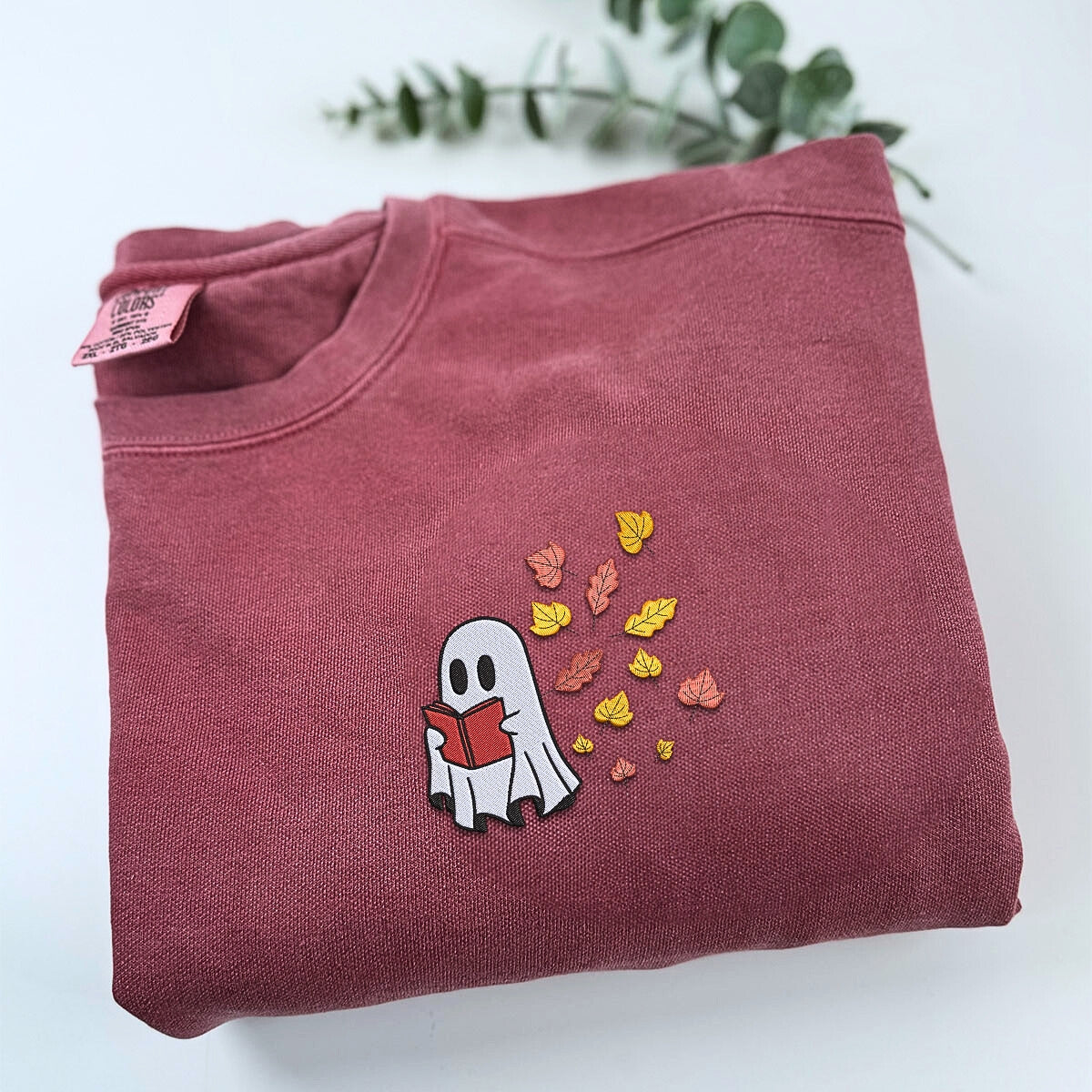 Comfort Color? Embroidered Halloween Ghost Book Lover T-Shirt or Sweatshirt EMHA2608