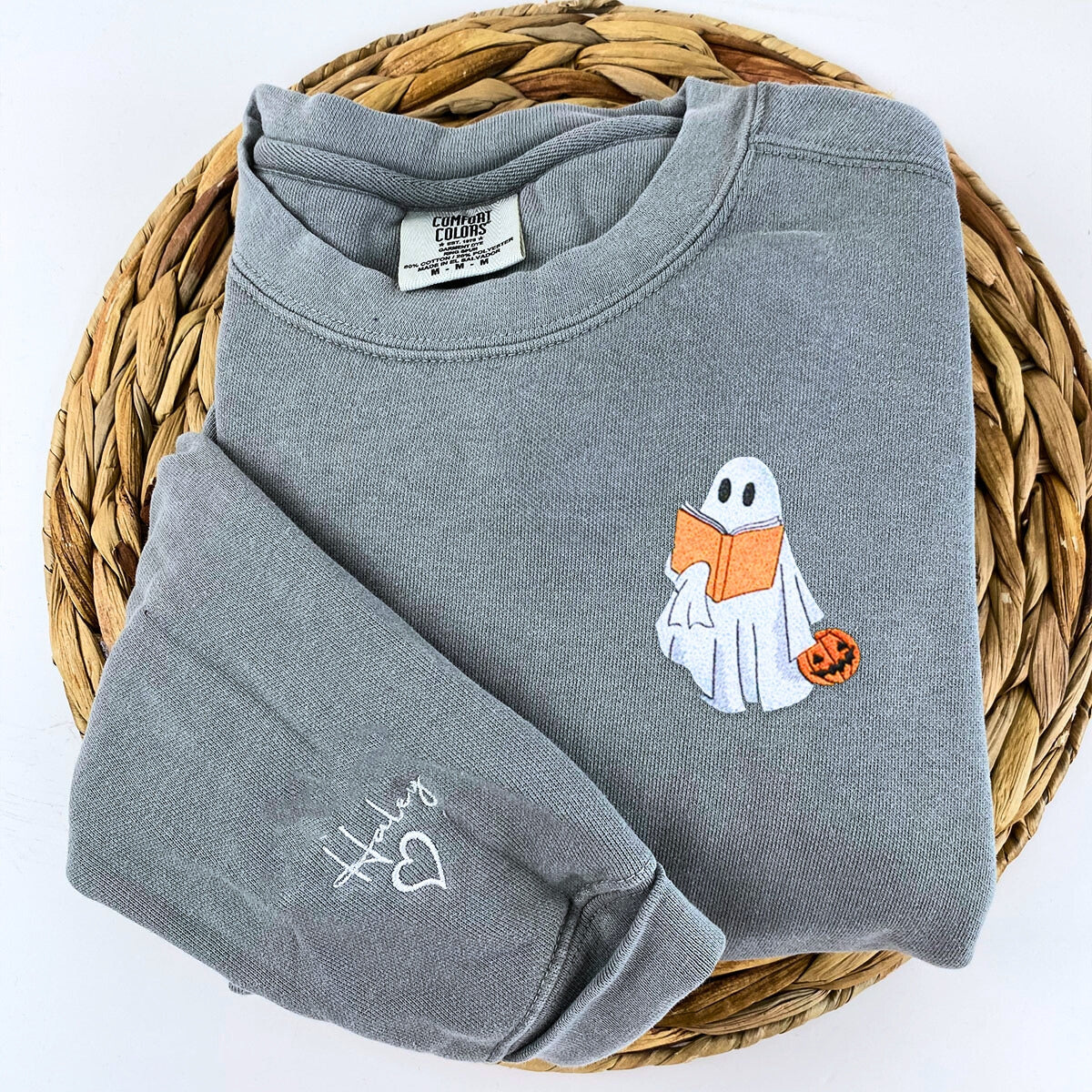 Comfort Color? Embroidered Halloween Ghost Book Lover T-Shirt or Sweatshirt EMHA2608