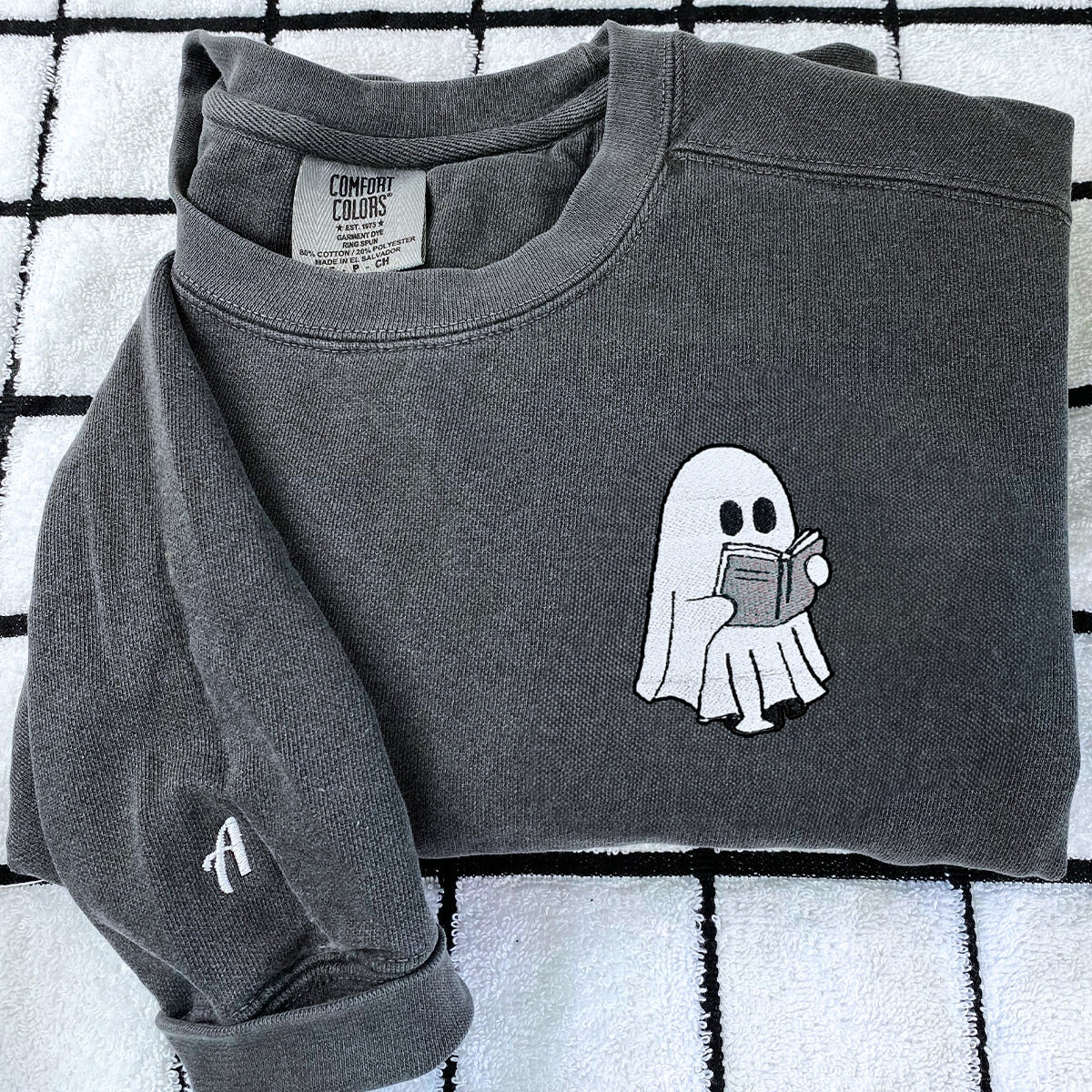 Comfort Color? Embroidered Halloween Ghost Book Lover T-Shirt or Sweatshirt EMHA2608