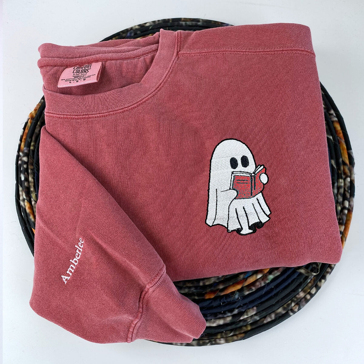 Comfort Color? Embroidered Halloween Ghost Book Lover T-Shirt or Sweatshirt EMHA2608