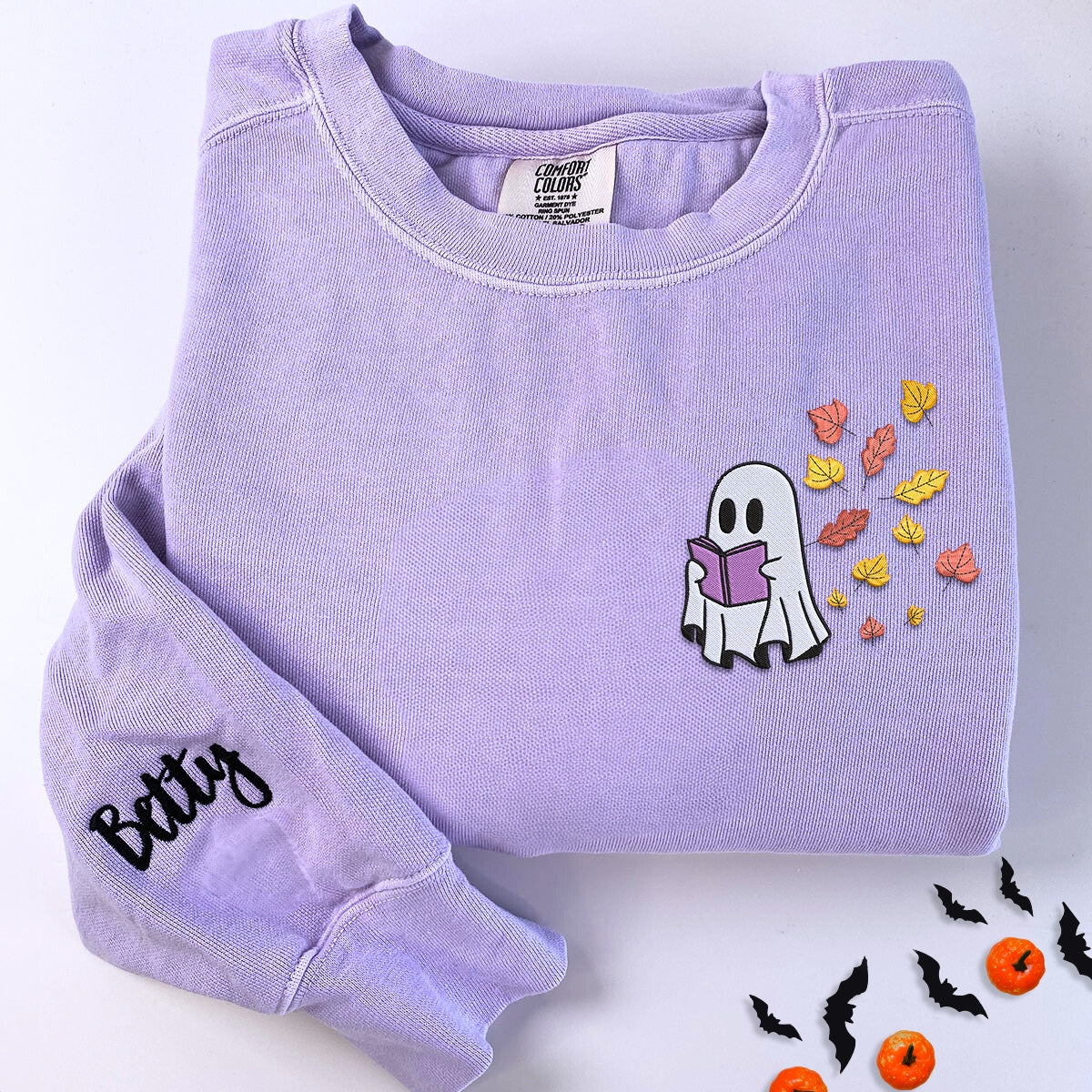 Comfort Color? Embroidered Halloween Ghost Book Lover T-Shirt or Sweatshirt EMHA2608