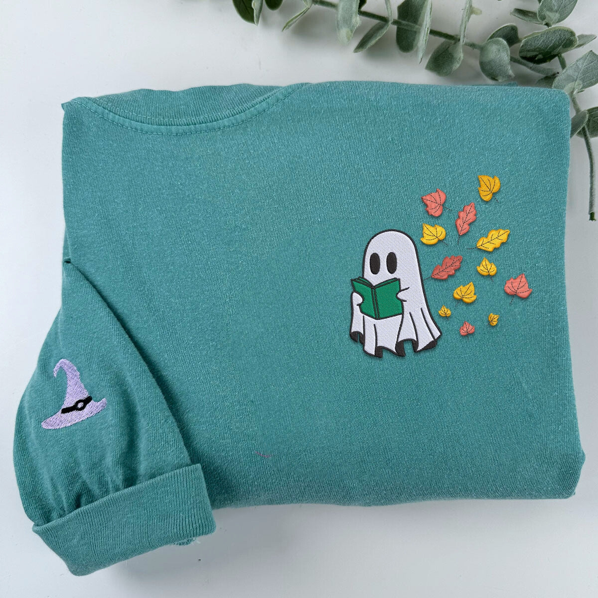 Comfort Color? Embroidered Halloween Ghost Book Lover T-Shirt or Sweatshirt EMHA2608