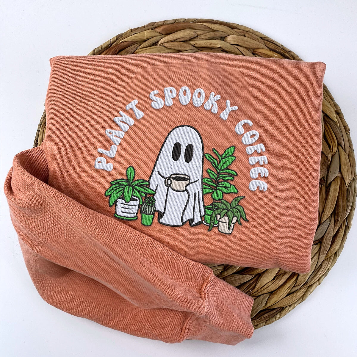 Comfort Color? Embroidered Halloween Ghost Plant Coffee T-Shirt or Sweatshirt EMHA2608