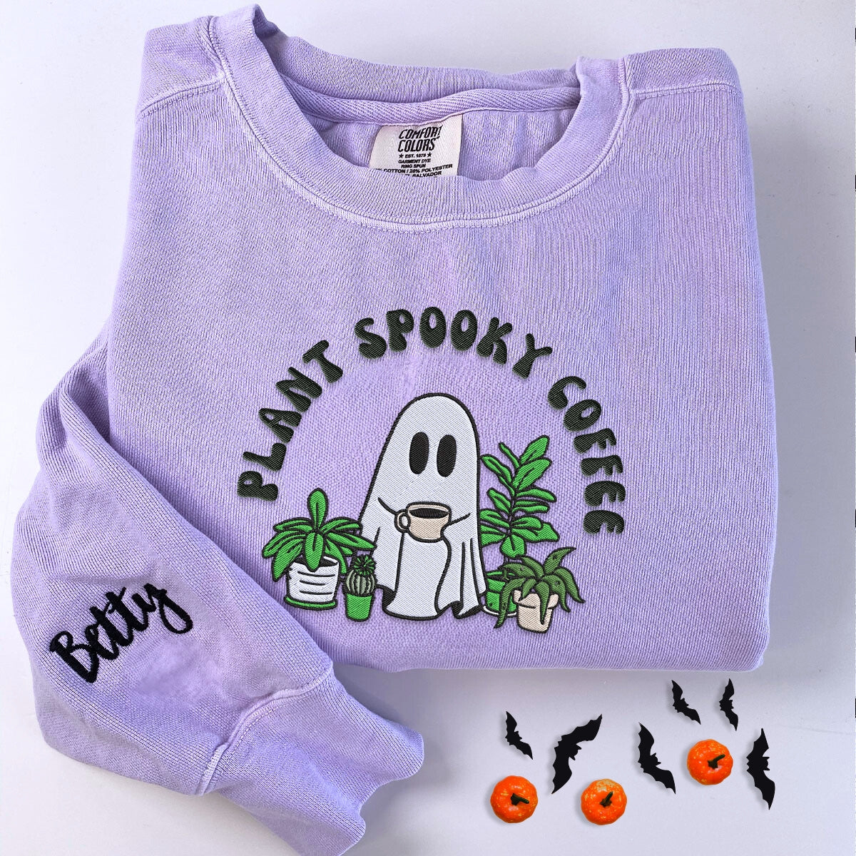 Comfort Color? Embroidered Halloween Ghost Plant Coffee T-Shirt or Sweatshirt EMHA2608