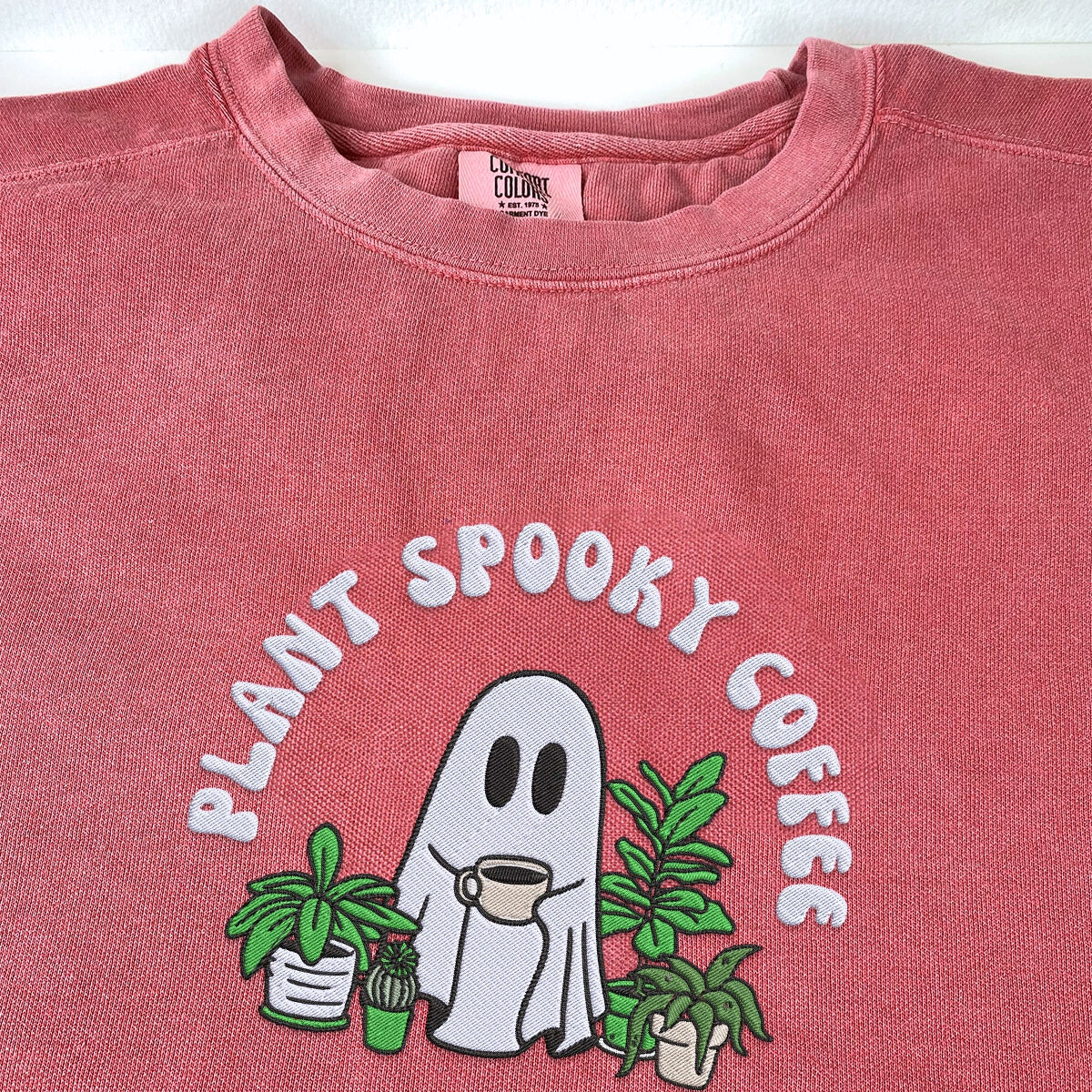 Comfort Color? Embroidered Halloween Ghost Plant Coffee T-Shirt or Sweatshirt EMHA2608