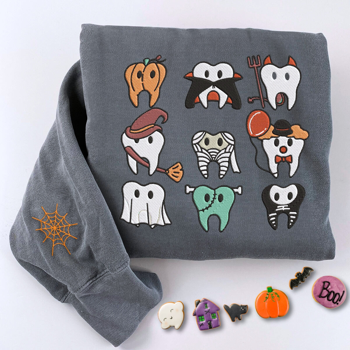 Comfort Color? Embroidered Spooky Halloween Dentist Teeth T-Shirt or Sweatshirt EMHA2608