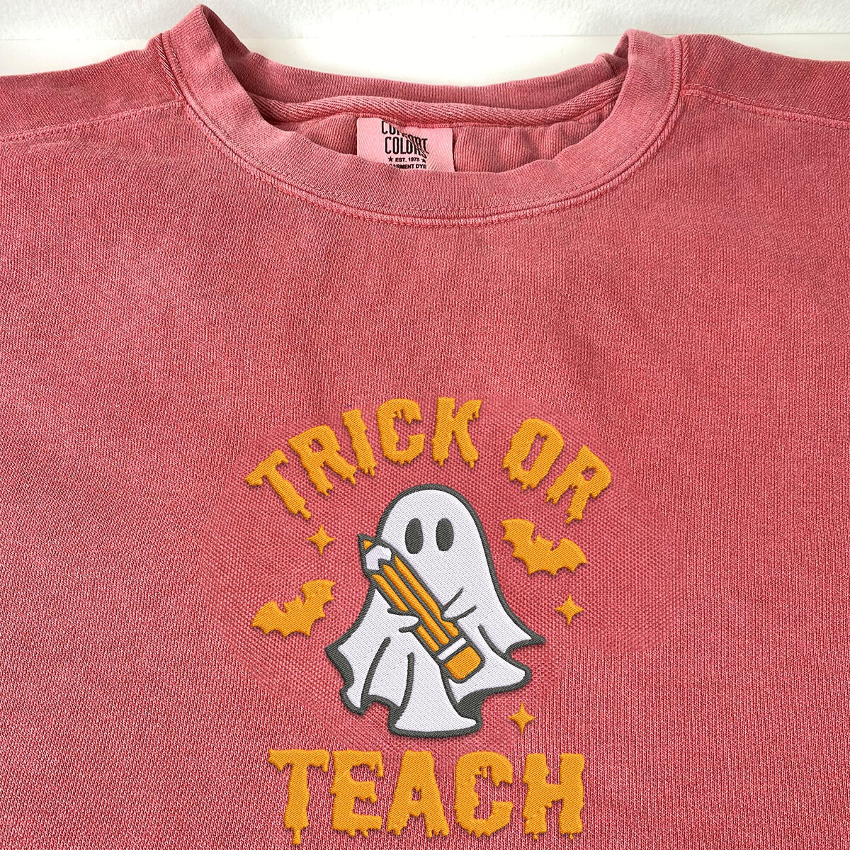 Comfort Color? Embroidered Trick or Teach Halloween T-Shirt or Sweatshirt EMHA2608