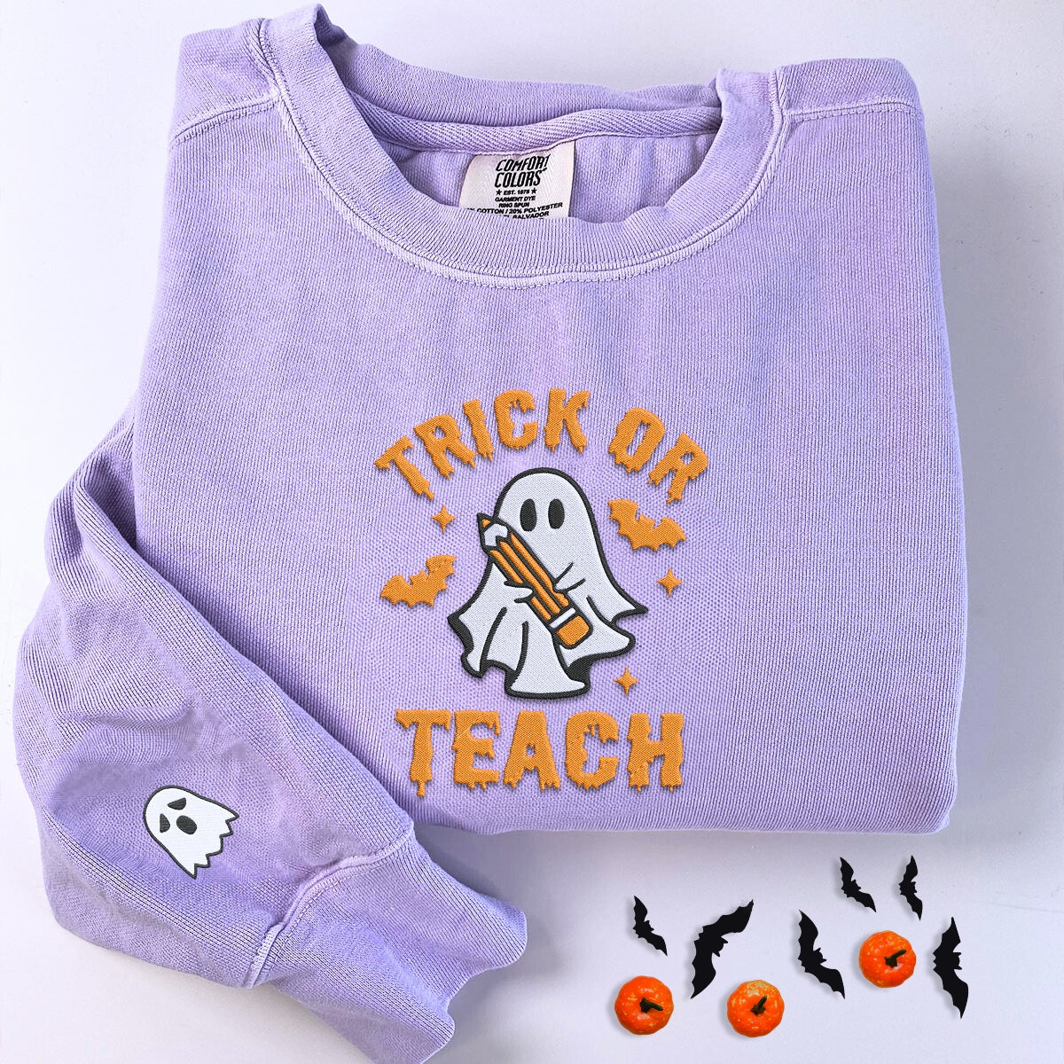 Comfort Color? Embroidered Trick or Teach Halloween T-Shirt or Sweatshirt EMHA2608