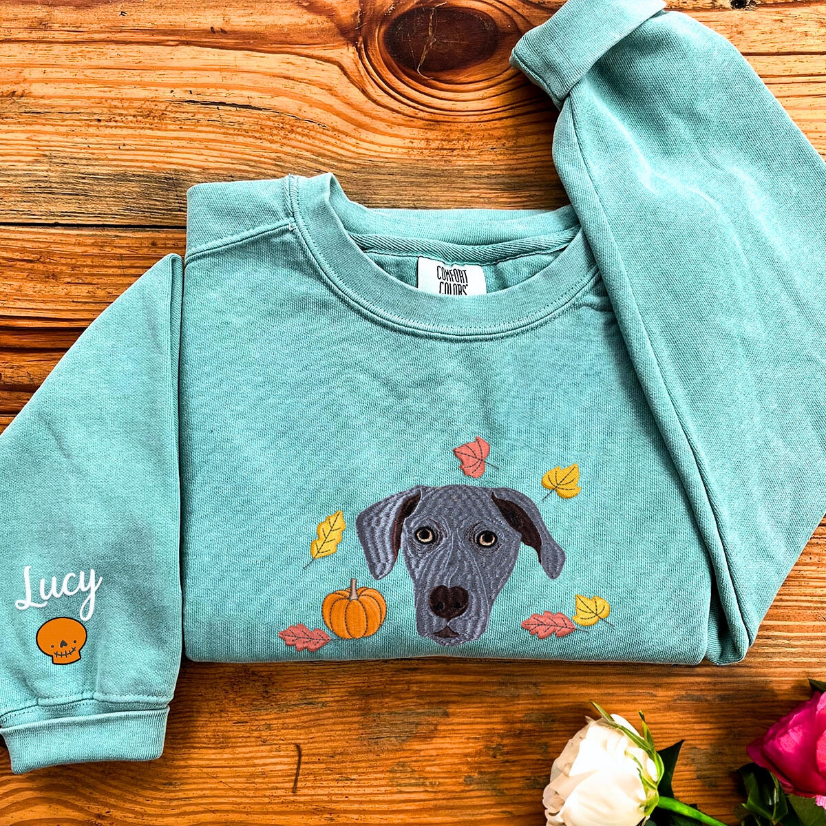 Comfort Colors? Custom Embroidered Halloween Dog Portrait T-Shirt or Sweatshirt EMHA2608