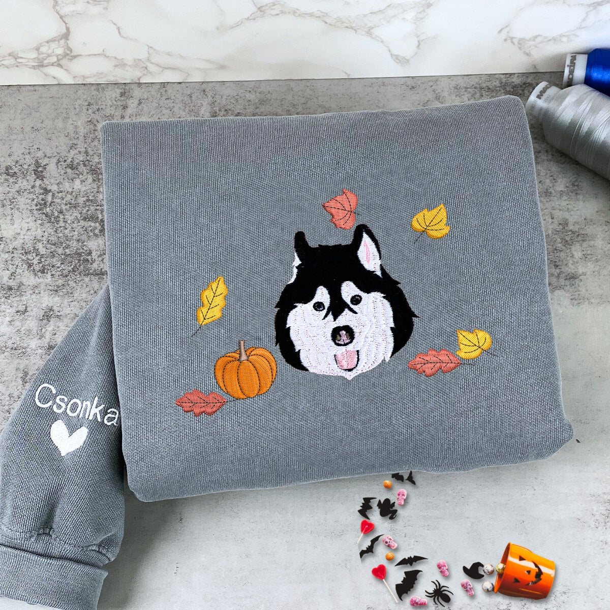 Comfort Colors? Custom Embroidered Halloween Dog Portrait T-Shirt or Sweatshirt EMHA2608