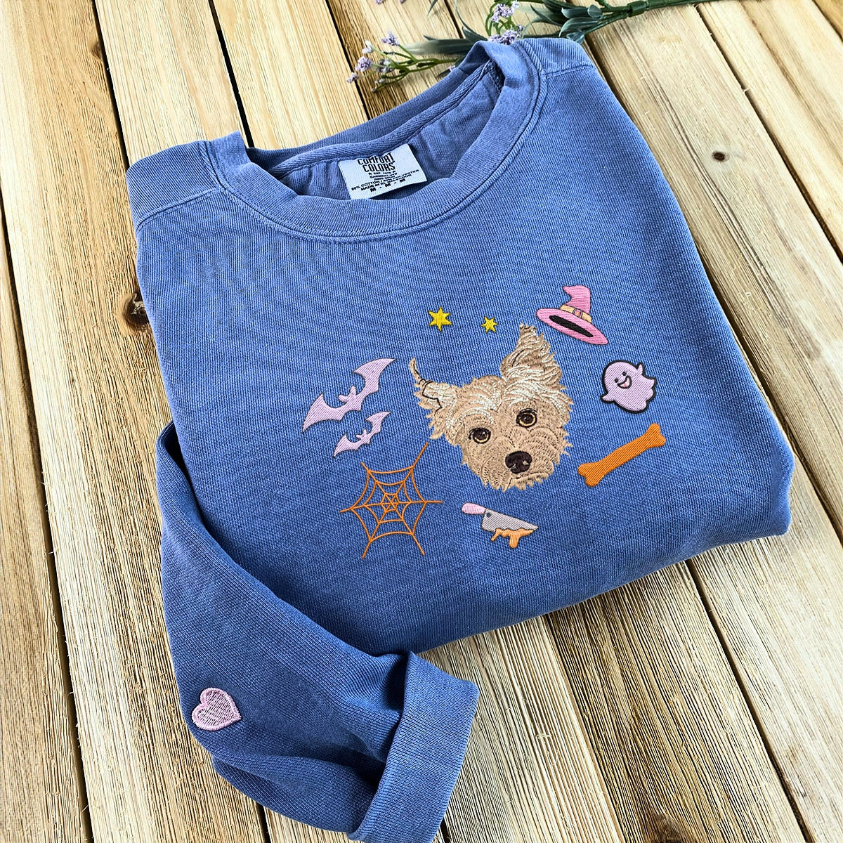 Comfort Colors? Custom Embroidered Halloween Dog Portrait T-Shirt or Sweatshirt EMHA2608