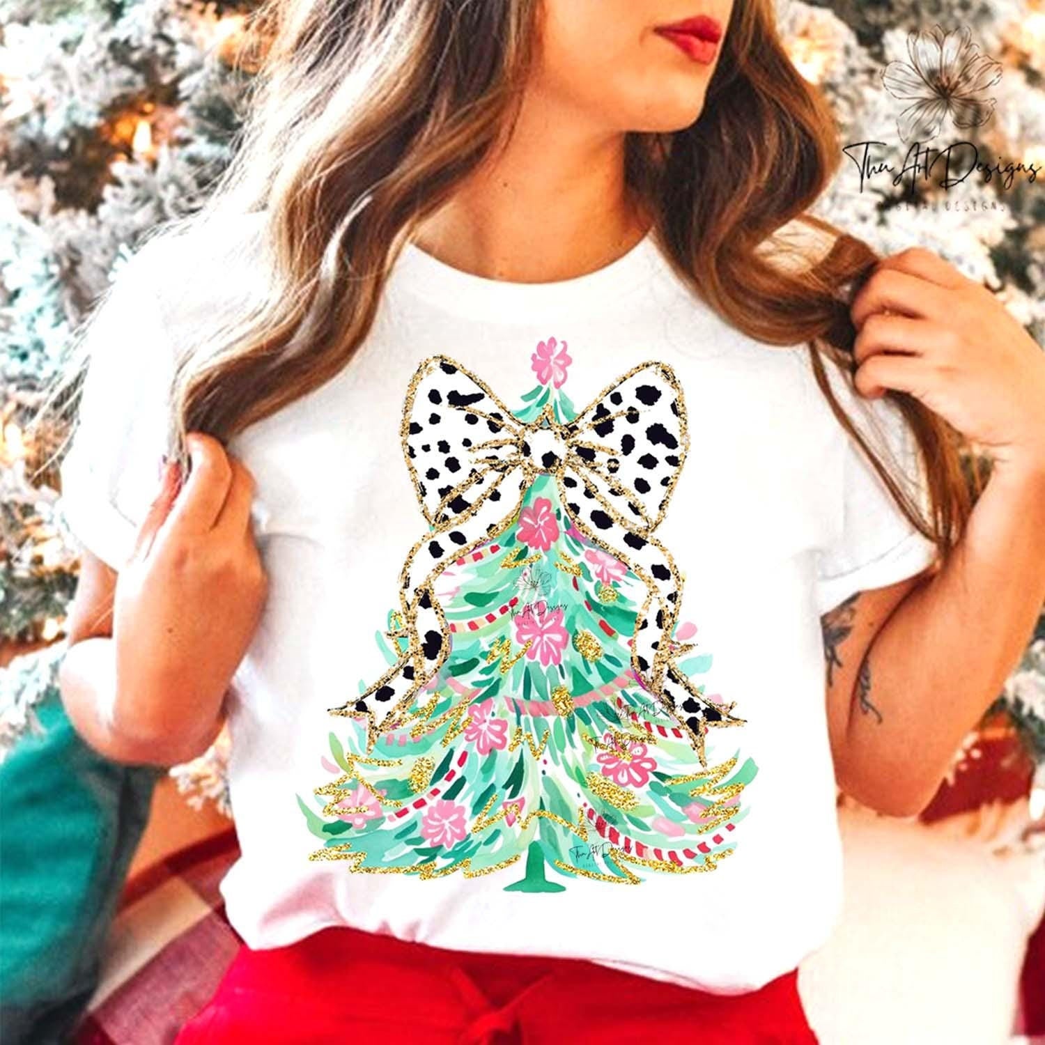 Coquette Colorful glitter Christmas Tree png. Girls Christmas Bow Christmas girls winter png kids santa design bow acrylic brushstroke SCU