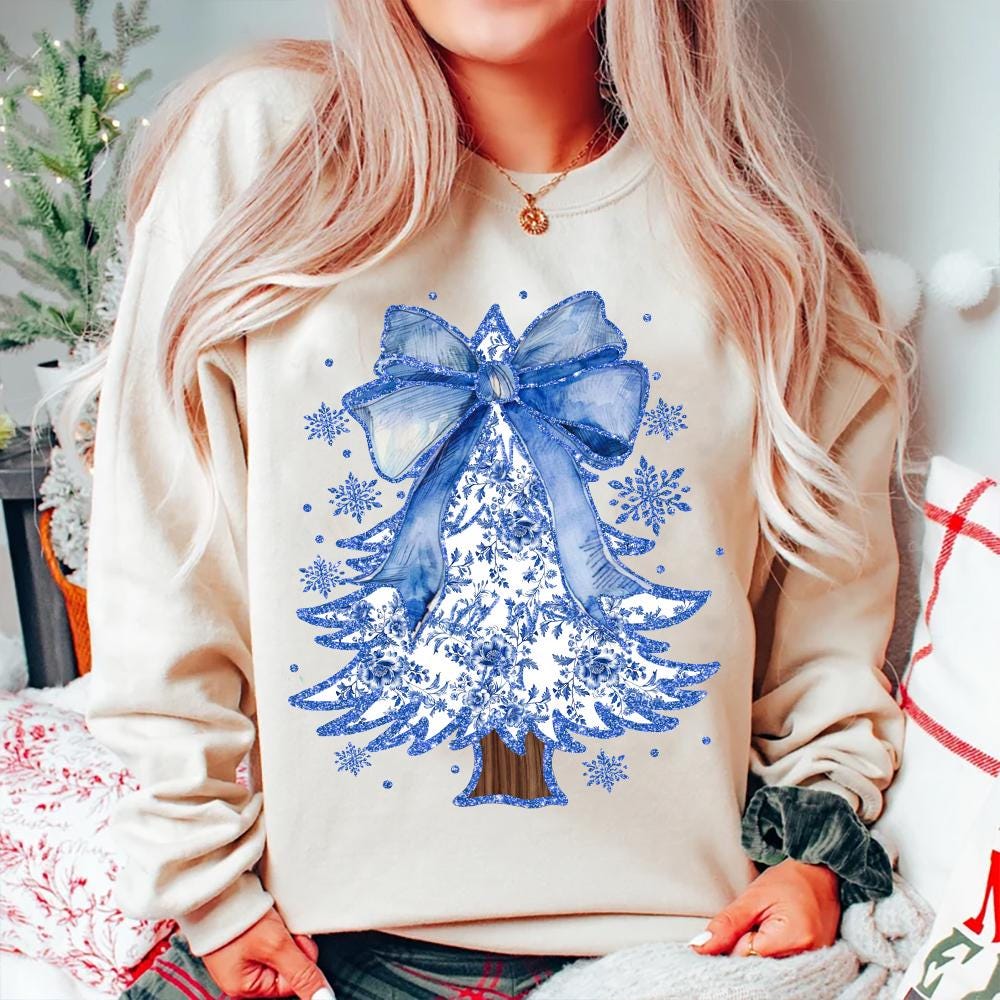 Coquette Glitter Chinoiserie Christmas Tree Png, Coquette Blue Christmas Png, Christmas Toile Png, Blue Floral Bow, Preppy Christmas Png SCU