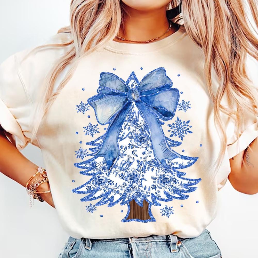 Coquette Glitter Chinoiserie Christmas Tree Png, Coquette Blue Christmas Png, Christmas Toile Png, Blue Floral Bow, Preppy Christmas Png SCU