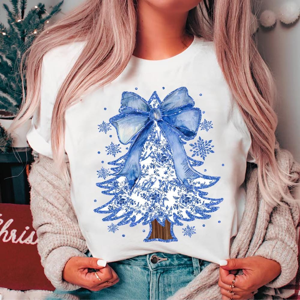 Coquette Glitter Chinoiserie Christmas Tree Png, Coquette Blue Christmas Png, Christmas Toile Png, Blue Floral Bow, Preppy Christmas Png SCU