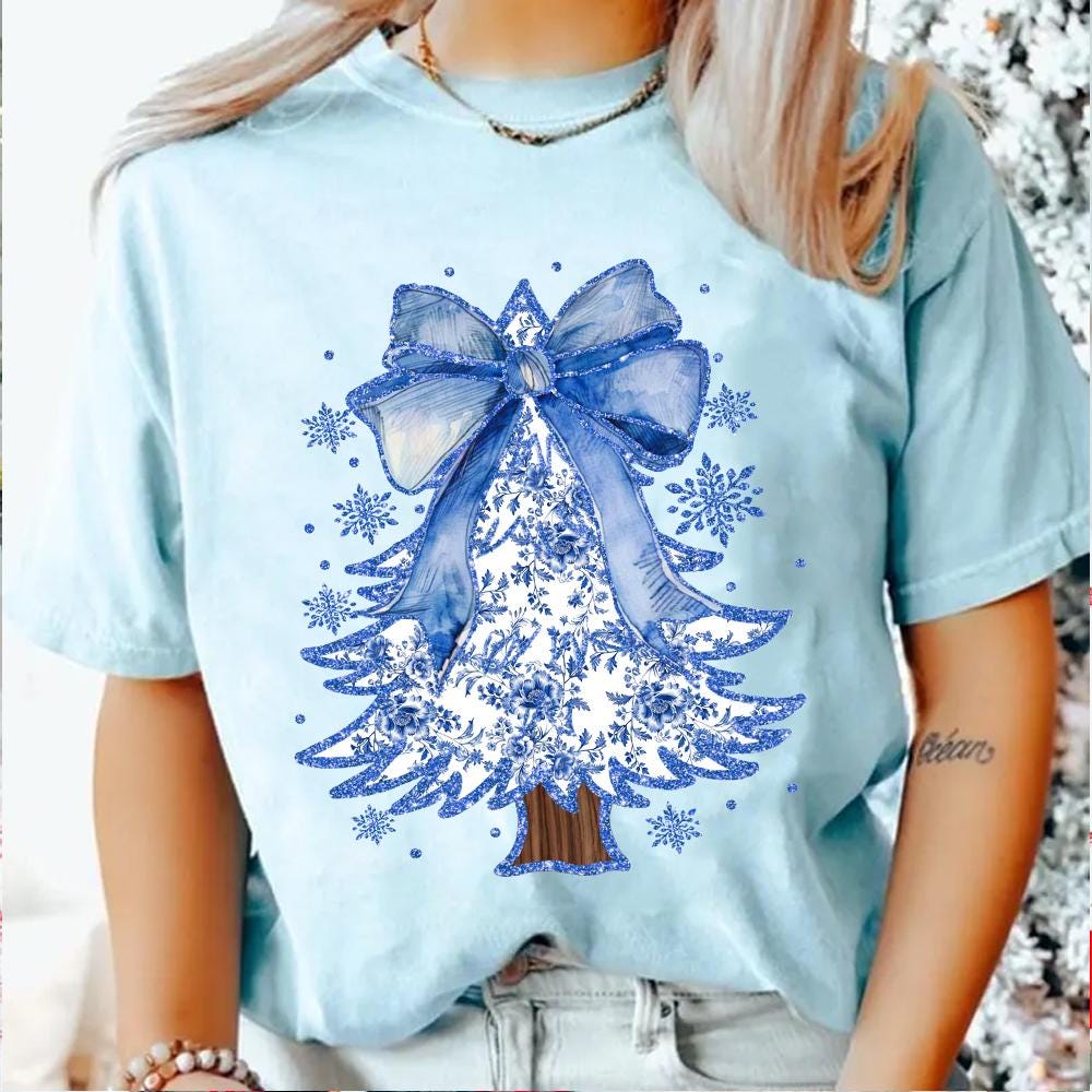 Coquette Glitter Chinoiserie Christmas Tree Png, Coquette Blue Christmas Png, Christmas Toile Png, Blue Floral Bow, Preppy Christmas Png SCU