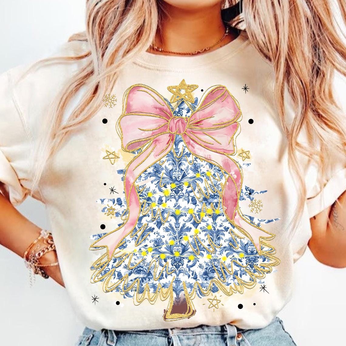 Coquette Glitter Christmas Tree Png, Chinoiserie Christmas Tree Girly, Merry Christmas Coquette Bow Tree Png, Christmas Lights Hand Drawn SCU