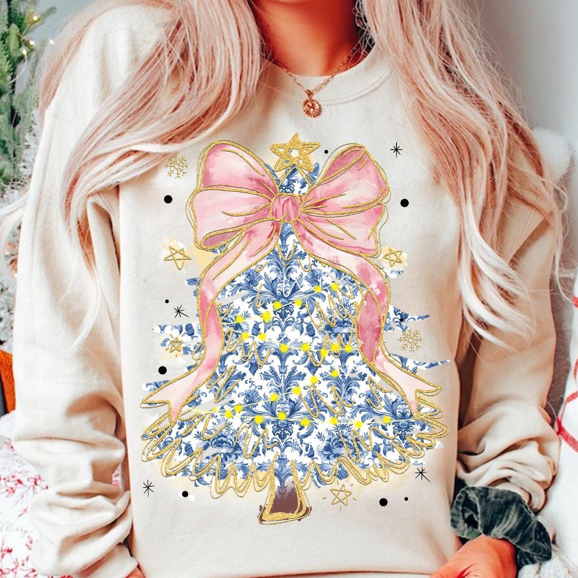 Coquette Glitter Christmas Tree Png, Chinoiserie Christmas Tree Girly, Merry Christmas Coquette Bow Tree Png, Christmas Lights Hand Drawn SCU